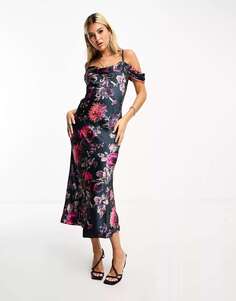 Двустороннее атласное платье миди с открытыми плечами Hope &amp; Ivy фиолетового и оранжевого цвета с цветочным принтом