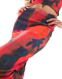 Красная сетчатая юбка миди с размытым цветочным принтом ASOS