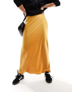 Атласная юбка макси горчичного цвета со смещением по диагонали ASOS