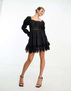 Черное мини-платье Miss Selfridge с корсетом из атласного кружева и вставкой
