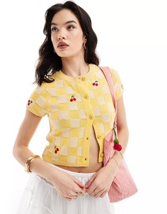 Кардиган Asos Design Round Neck With Cherry Embroidery, желтый