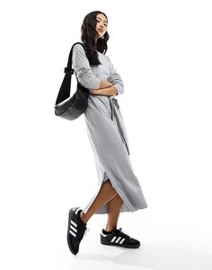 Светло-серое трикотажное платье миди с поясом New Look