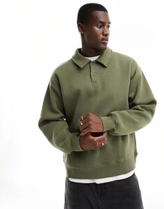 Selected Homme — объемный свитер цвета хаки с воротником-поло