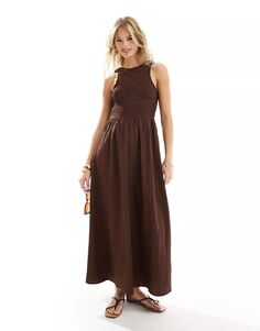 Шоколадно-коричневое летнее платье миди с жатым узором на спине и узором-борцовкой ASOS