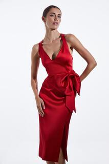 Итальянское атласное платье миди с бантом и перекрестием на спине Karen Millen, красный