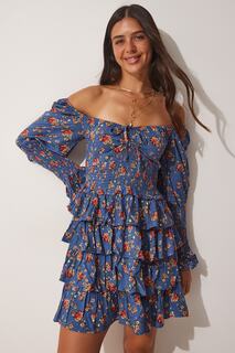 Женское синее летнее мини-платье Katkat с рюшами и цветочным принтом Happiness İstanbul, темно-синий