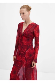 Шифоновое платье с цветочным принтом Mango, красный