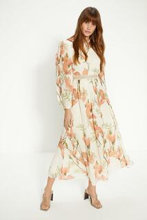 Кружевное платье миди с цветочным принтом Magnolia и объемными рукавами Oasis, белый