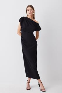 Мягкое приталенное платье миди-карандаш с заниженными плечами и рюшами Karen Millen, черный