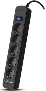 Сетевой фильтр Sven SV-018849 3.0 м (5 евро розеток,2*USB(2,4А) черный