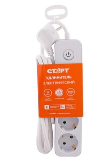 Удлинитель сетевой Старт С/У S 4x3 ZDV 4 розетки с заземлением, 3 м, провод ПВС с сечением 3*1,5 мм², 3680 Вт, 16 А, кнопка ВКЛ/ВЫКЛ, защитные шторки