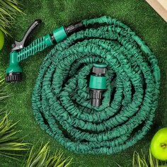 Шланг поливочный, удлиняющийся, 6 атм, 5 м, Three 3 House, латекс, с пистолетом , адаптером и соединителем, 00 077 0107