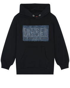 Черная толстовка-худи с джинсовым лого Diesel