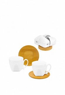 Сервиз чайный Elan Gallery 200 мл Белый узор на деревянной подставке, 6 штук