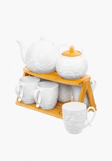 Сервиз чайный Elan Gallery 900 мл + 620 мл + 300 мл (6 шт) Птички на ветке, на бамбуковой подставке