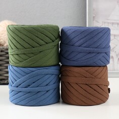 Трикотажная пряжа набор №12,4х30 м,ширина 7-9 мм,100 гр (серо-голуб,джинс,олива,свет олива) Softino