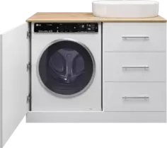 Тумба под раковину Misty Респект Э-Рес01120-13ЯП 120 см R, напольная, со столешницей, над стиральной машиной, белый глянец/светлое дерево