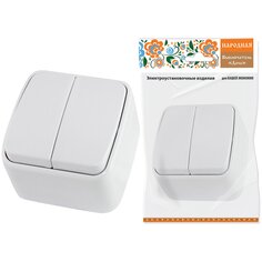 Выключатель открытой установки, двухклавишный, без заземления, 10 А, IP20, белый, TDM Electric, Дача, SQ1824-0002