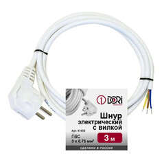 Кабель готовый со штекером (вилкой) кабель с вилкой 3x0,75 3 м. 6 А без выключателя, белый Dori