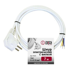 Кабель готовый со штекером (вилкой) кабель с вилкой 3x0,75 7 м. 6 А без выключателя, белый Dori