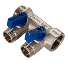 Запорная арматура для трубопроводов коллектор 2 выхода CTM 3/4" х 1/2" НР латунь с отсекающими кранами STM
