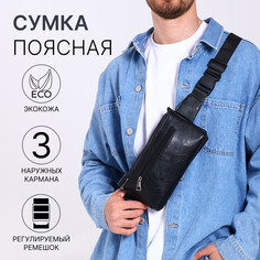 Сумка поясная на молнии, 3 наружных кармана, цвет черный NO Brand