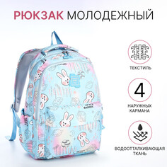 Рюкзак школьный из текстиля 2 отдела на молнии, 4 кармана, цвет голубой NO Brand