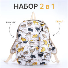 Рюкзак школьный из текстиля на молнии, 3 кармана, пенал, цвет белый/разноцветный NO Brand