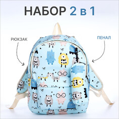 Рюкзак школьный из текстиля на молнии, 3 кармана, пенал, цвет голубой NO Brand