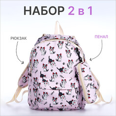 Рюкзак школьный из текстиля на молнии, 3 кармана, пенал, цвет розовый NO Brand