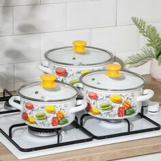 Набор посуды эмалированная сталь, 6 предметов, кастрюли 1.5,2.3,3 л, МП, Керченский металлургический завод, Цветное печенье-1-Экстра,