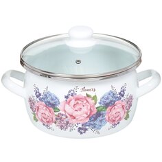 Кастрюля эмалированная сталь, 4 л, с крышкой, крышка стекло, Сантэкс, Гортензия, 1-2440112, индукция САНТЕКС