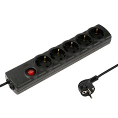 Сетевой фильтр luazon lighting, 5 розеток, 3 м, 2200 вт, 3х0.75 мм2, 10 a, 220 в, c предохранителем, черный