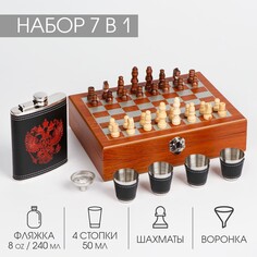 Набор 7 в 1: фляжка 8 oz, с гербом, 4 рюмки, воронка, шахматы, 18 х 24 см NO Brand
