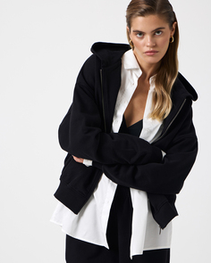 Худи черного цвета из хлопка с эффектом велюра на молнии