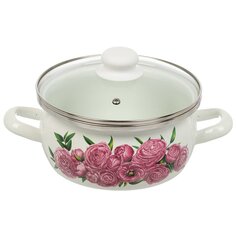 Кастрюля эмалированная сталь, 2.5 л, с крышкой, крышка стекло, цилиндр, Сантэкс, Пионы пурпур, 1-2425112, индукция САНТЕКС