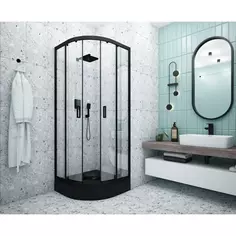 Душевой уголок Metakam 1/4 круга 80x80 см черный профиль прозрачное стекло раздвижной Метакам