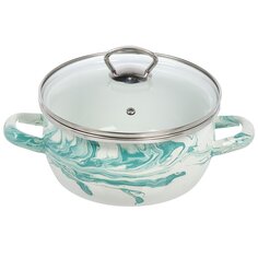 Кастрюля эмалированная сталь, 2.5 л, с крышкой, крышка стекло, сферический, Сантэкс, Шейк бело-бирюзовая, 1-2425111, индукция САНТЕКС