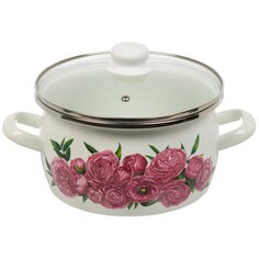 Кастрюля эмалированная сталь, 4 л, с крышкой, крышка стекло, цилиндр, Сантэкс, Пионы пурпур, 1-2440112, индукция САНТЕКС