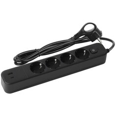 Сетевой фильтр 4 гнезда, 1.5 м, 3 х 0.75 мм², с заземлением, 10 А, черный, Эра, USF-4es-1,5m-2xUSBAC-B, Б0059572 ERA