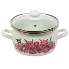 Кастрюля эмалированная сталь, 3 л, с крышкой, крышка стекло, цилиндр, Сантэкс, Пионы пурпур, 1-2430112, индукция САНТЕКС