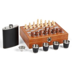 Набор 7 в 1: фляжка 8 oz, черная, 4 рюмки, воронка, шахматы, 18 х 24 см NO Brand