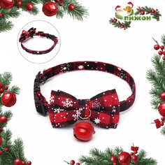 Ошейник текстильный со снежинками и бубенчиком, 30 х 1 см, красно-черный Пижон