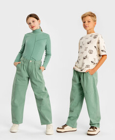 Джинсы свободные Baggy с защипами зеленые детские Button Blue (146)