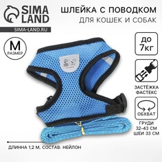 Шлейка дышащая с поводком и светоотражающей нашивкой, m, ош 33, ог 32-43, синяя Пушистое счастье