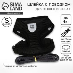 Шлейка дышащая с поводком и светоотражающей нашивкой, s, ош 27, ог 30-38, черная Пушистое счастье