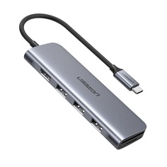 Концентратор UGREEN 70411 USB-C to 2 Ports USB3.0-A Hub + HDMI + TF/SD with PD Power Supply, серый космос