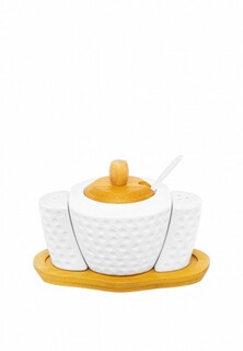 Набор для сервировки специй Elan Gallery сахарница 300 мл 16х10х11 см Сфера с ложкой, с солонкой и перечницей на деревянной подставке