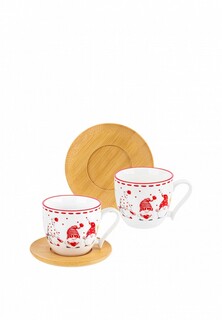 Сервиз чайный Elan Gallery 250 мл 11х8,3х7,5 см Весёлые гномики с деревянной подставкой, 2 штуки