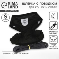 Шлейка дышащая с поводком и светоотражающей нашивкой, s, ош 27, ог 30-38, черная Пушистое счастье